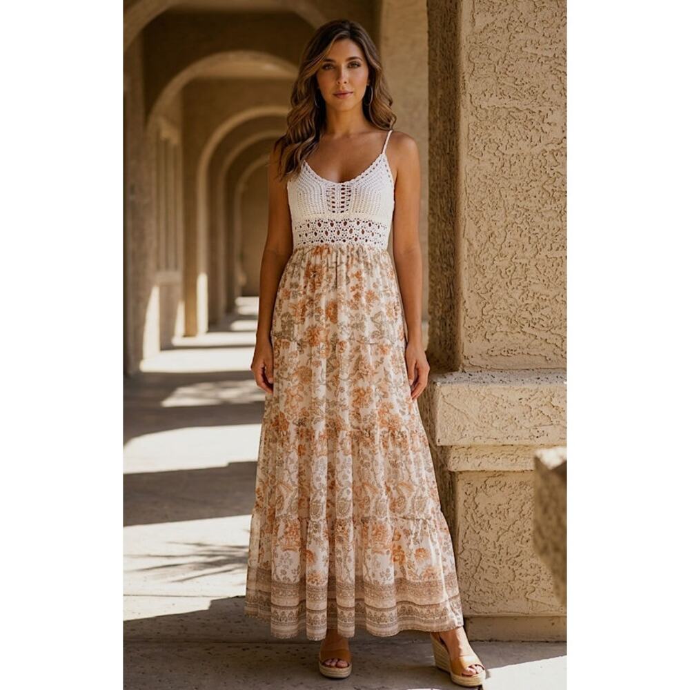 Flying Tomato Crochet Top Detail Floral Print Combo Maxi Dress Size M - Picture 4 of 13